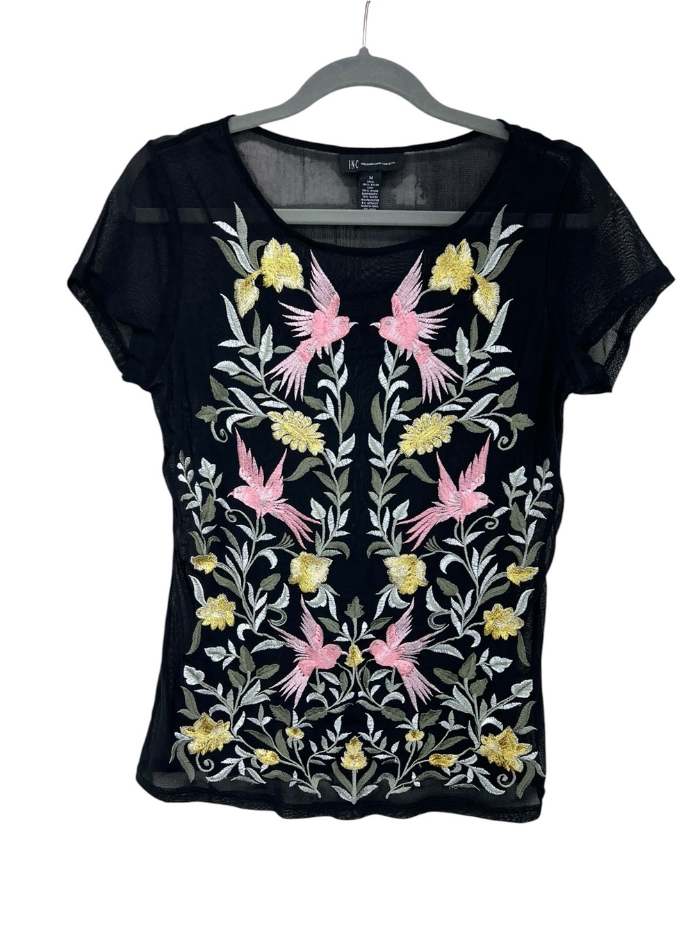 INC International Concepts Mesh Top w Intricate Bird & Flower Embroidery Medium